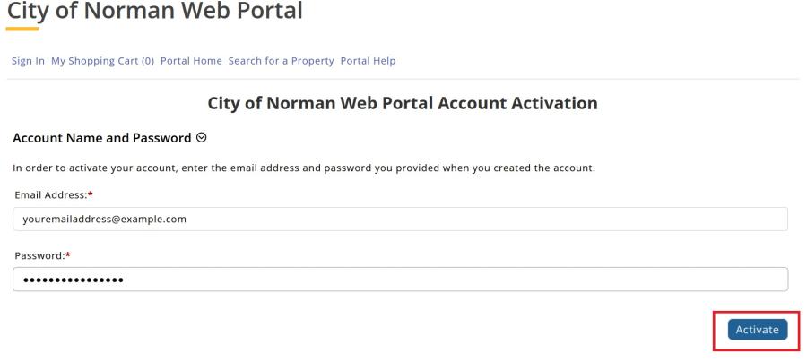 A screen capture showing email address and password fields with an activate button